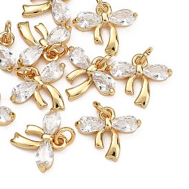 SHEGRACE Brass Clear Cubic Zirconia Charms, Cadmium Free & Nickel Free & Lead Free, Bowknot Charms