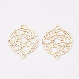 Brass Links/Connectors, Etched Metal Embellishments, Long-Lasting Plated, Cadmium Free & Nickel Free & Lead Free, Flat Round with Heart