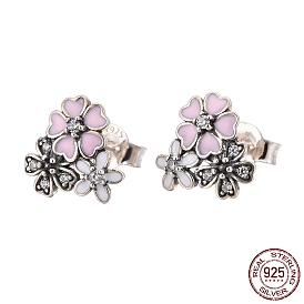 925 Sterling Silver Enamel Stud Earrings, with Cubic Zirconia, with 925 Stamp, Flower