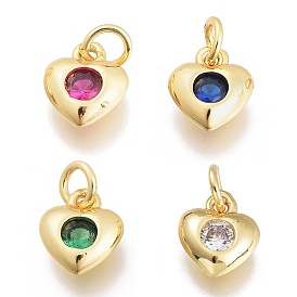 Brass Micro Pave Cubic Zirconia Charms, with Jump Ring, Heart, Golden