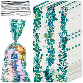 100шт. пакетики для упаковки конфет из целлофана с принтом в виде листьев, прямоугольные, с проволочными стяжками