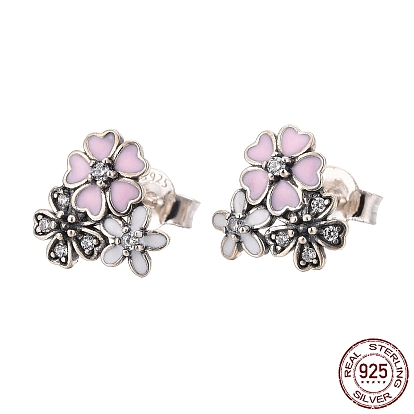 925 Sterling Silver Enamel Stud Earrings, with Cubic Zirconia, with 925 Stamp, Flower