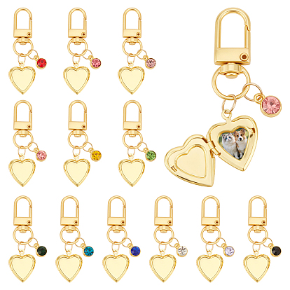 12 Pièces en alliage avec pendentifs en strass de verre, cœur, fermoirs alliage pivotantes