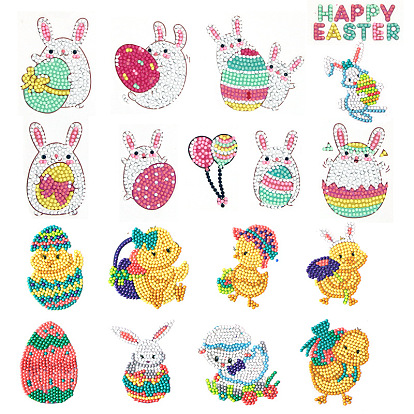 DIY Easter Theme Diamond Painting Sticker Kits, including Self Adhesive Sticker, Resin Rhinestones, Diamond Sticky Pen, Tray Plate and Glue Clay, Mixed Shapes