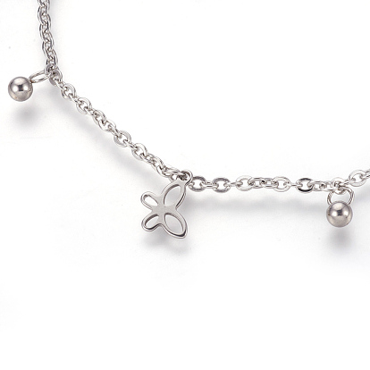 304 Stainless Steel Charm Anklets, Butterfly and Round