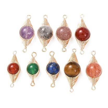 Круглые соединительные звенья из натуральных драгоценных камней с медной проволочной обмоткой в виде елочки., золотые, долговечный