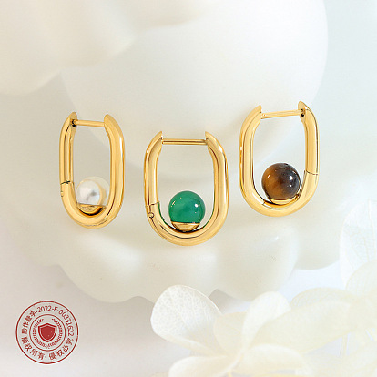 Fashion temperament pearl green agate tiger's eye titanium steel earrings earrings jewelry women do not fade