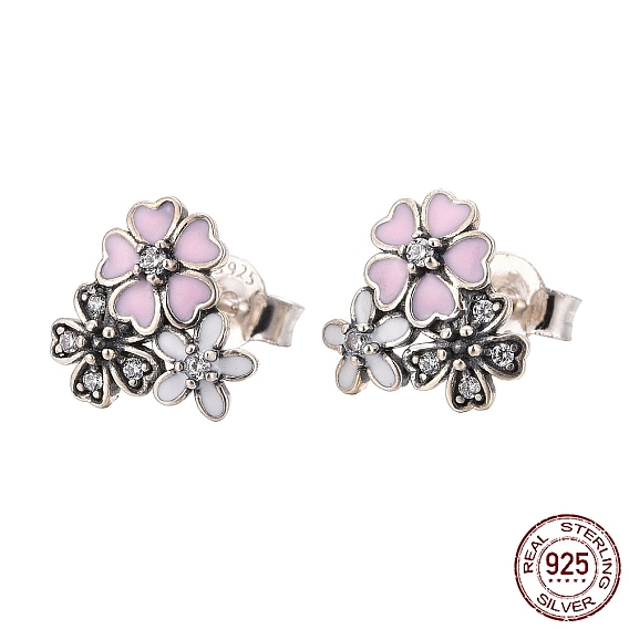 925 Sterling Silver Enamel Stud Earrings, with Cubic Zirconia, with 925 Stamp, Flower
