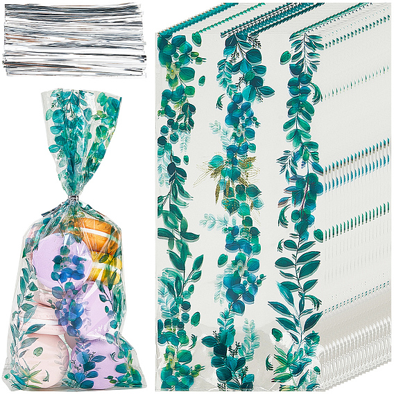 100шт. пакетики для упаковки конфет из целлофана с принтом в виде листьев, прямоугольные, с проволочными стяжками