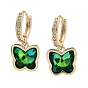 Light Gold Brass Micro Pave Cubic Zirconia Hoop Earrings, Glass Butterfly Drop Earrings