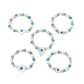 Glass Beaded Stretch Rings for Women, with Evil Eye Natural White Shell Mother of Pearl Shell Beads
