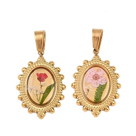 Эпоксидная смола подвески, овальный кулон с сушеными цветами, с 304 оправой из нержавеющей стали, золотые