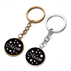 Mother's Day Themed Zinc Alloy Pendant Keychain, with Glass, Flat Round with Word Mom & Heart