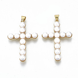 Pendentifs en laiton, avec anneaux de saut et perle imitation plastique ABS, sans nickel, croix