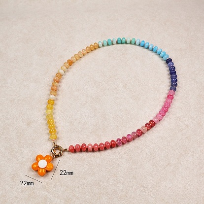 Colgante de flor de vidrio soplado a mano, collares de cuentas de vidrio arcoíris con forma de rondel y cierres de anillo de resorte de latón., dorado