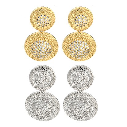 Плоские круглые серьги-гвоздики из латуни с прозрачным паве и кубическим цирконием