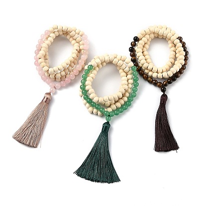 Biens à double usage, quatre boucles enveloppent des bracelets ou des colliers, Avec glands en polyester, perles rondes en pierres précieuses et perles en bois