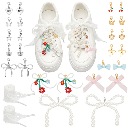 28 шт. 14 стили подвески для обуви из пластика с имитацией жемчуга, стекла и полиэстера в виде банта и вишни, Сплав с застежками когтя омара
