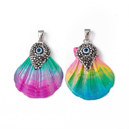 Spray Painted Natural Freshwater Shell with Rhinestone Pendants, Rainbow Color Shell Charms with Evil Eye, with Platinum Plated Alloy Findings