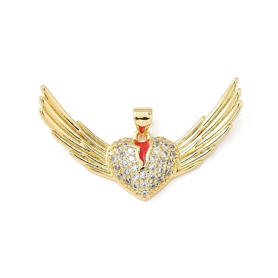 Латунные микропаве прозрачные подвески с фианитом, сердце и крылья, с эмалью, без свинца и без кадмия, долговечный, стойки покрытие