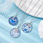 Steel Blue Glass Flat Round & Alloy Pendant Necklace, with 304 Stainless Steel Chains