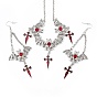 Chauve-souris en émail de brique réfractaire avec collier pendentif croix et boucles d'oreilles pendantes, ensemble de bijoux en alliage thème halloween pour femmes