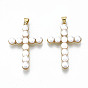 Brass Pendants, with Jump Rings and ABS Plastic Imitation Pearl, Nickel Free, Cross