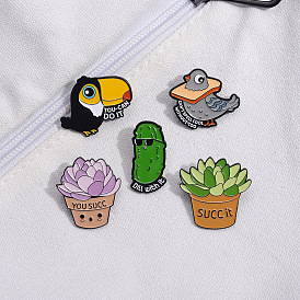 Bird/Cucumber/Succulent Plant with Funny Word Enamel Pins, Alloy Brooches for Backpack Clothes