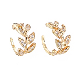 Brass Micro Pave Clear Cubic Zirconia Cuff Earrings, Leafy Branches