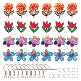 Superfindings bricolage kits de fabrication de boucles d'oreilles pendantes, 24 pcs 4 pendentifs acryliques de fleurs de style, 304 crochets et anneaux en acier inoxydable
