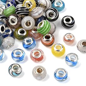 Смешанные стили ручной Lampwork большой Rondelle отверстие европейские бисер, с двойными медными сердечниками с серебряным покрытием