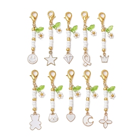 Alloy Enamel Pendant Decorations, Glass Seed Beads and Alloy Lobster Claw Clasps Charms for Bag Ornaments, Mixed Shapes