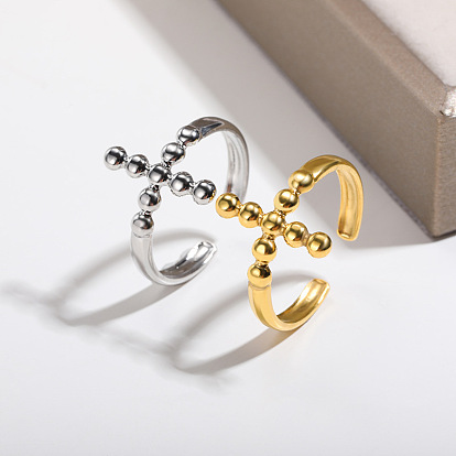 Retro 18k Gold Stainless Steel Cross Ring for Couples, Unique Open Design