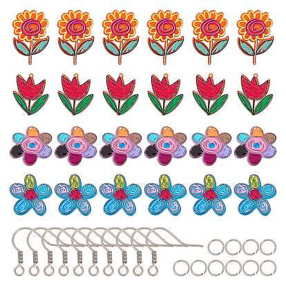 Kits de fabricación de pendientes colgantes de bricolaje, 24 piezas 4 colgantes de acrílico de flores de estilo, 304 ganchos de aretes de acero inoxidable y anillos para saltar