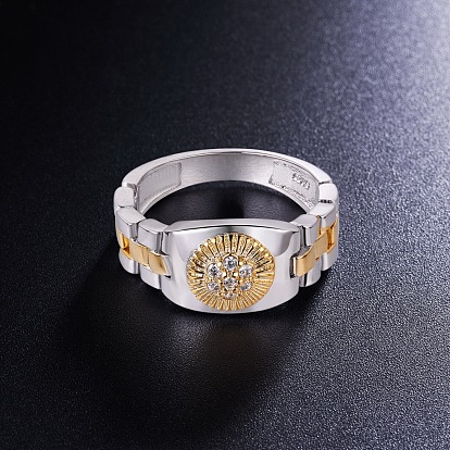 SHEGRACE 925 Sterling Silver Finger Ring, with Watch Chain and Real 18K Gold Plated Round with Micro Pave AAA Cubic Zirconias