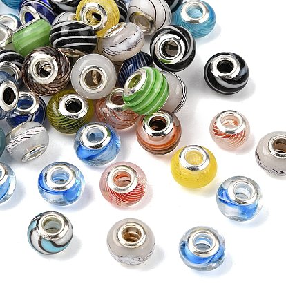 Смешанные стили ручной Lampwork большой Rondelle отверстие европейские бисер, с двойными медными сердечниками с серебряным покрытием