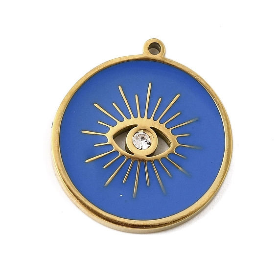 304 нержавеющей стальной эмали подвески, со стразами, ионное покрытие (ip), плоский круглый с шармом в виде глаз, реальный 18 k позолоченный