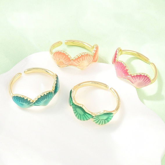 Anillos abiertos de puño de latón esmaltado, shell forma, chapado en rack, larga duración plateado, real 18 k chapado en oro, sin plomo y el cadmio