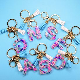 Resin Keychains, Tassel Keychain, with Light Gold Tone Plated Iron Findings, Alphabet