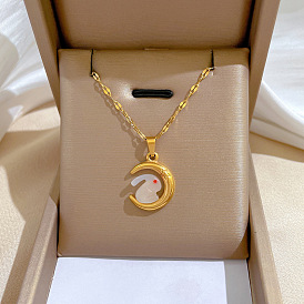Minimalist Gold Necklace for Women, Moon Rabbit Pendant - Lock Collar Chain