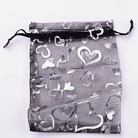 Сумочки из органзы , серебряные сердца на, со шнурком