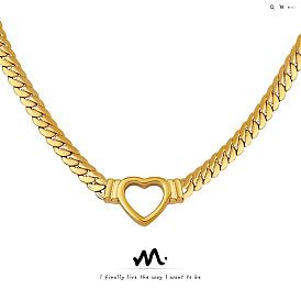 Hip-hop personality punk trend exaggerated Cuban chain heart-shaped ring necklace titanium steel 18K gold-plated jewelry