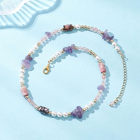 Женские ожерелья из круглого вишневого кварцевого стекла с натуральным аметистом и родонитом, с жемчугом из раковины 