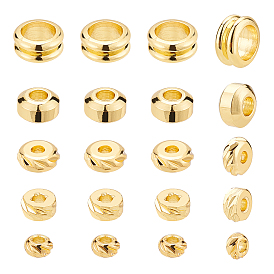 150Pcs 5 Styles Brass Spacer Beads, Long-Lasting Plated, Textured Rondelle & Flat Round & Grooved Column