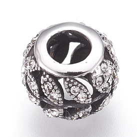 304 Stainless Steel European Beads, Large Hole Beads, with Rhinestone, Rondelle with Leaf