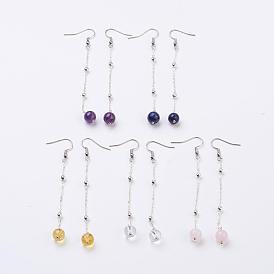 Natural Gemstone Beads Dangle Earrings, with Brass Chains and Brass Earring Hooks