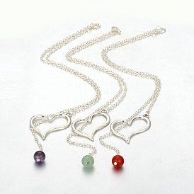 Pierre naturelle colliers coeur en alliage de lasso, avec des chaînes de câble en fer et des pinces en homard en pince, 20.2 pouce
