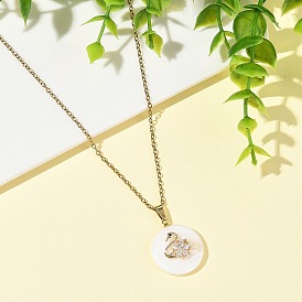 Brass Pave Clear Cubic Zirconia Natural Shell Swan Pendant 304 Stainless Steel Cable Chain Necklaces, White