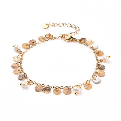 Natural Akoya Shell Flat Round Charm Bracelets, with Natural Pearl Beads, Brass Cable Chains and 304 Stainless Steel Lobster Claw Clasps, Golden