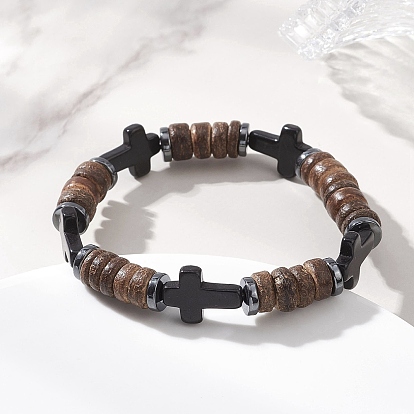 Браслеты из синтетической бирюзы с крестом, с натуральной кокосовой кроной и немагнитным синтетическим гематитом